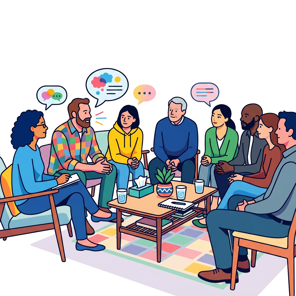 Seven people sitting in a circle in a living room, engaged in conversation during a group meeting